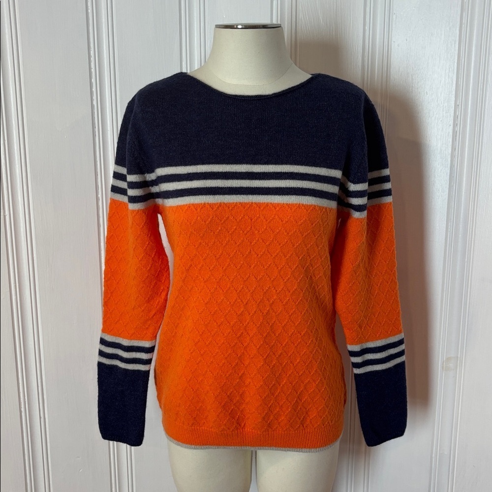 Colorblock Knit Sweater in Navy, Cream & Neon Orange | Size Medium (estimated)